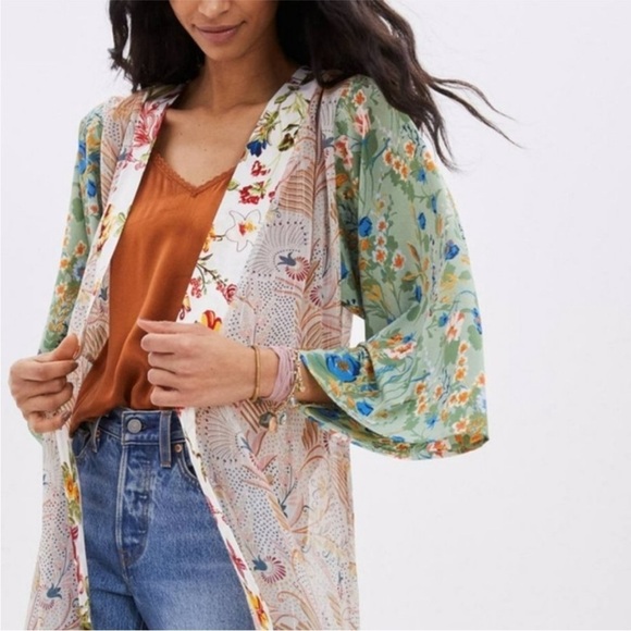 Anthropologie Dani Floral Kimono Duster Belt Bell Sleeve Metallic Thread - Picture 3 of 9